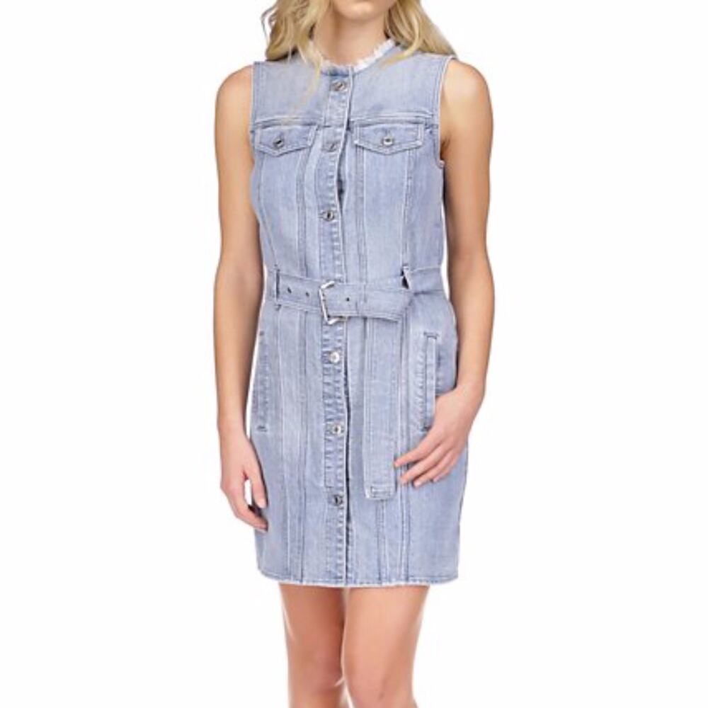 MICHAEL Michael Kors Frayed Neck Belted Seamed Denim dress sky haze wash - 8P
